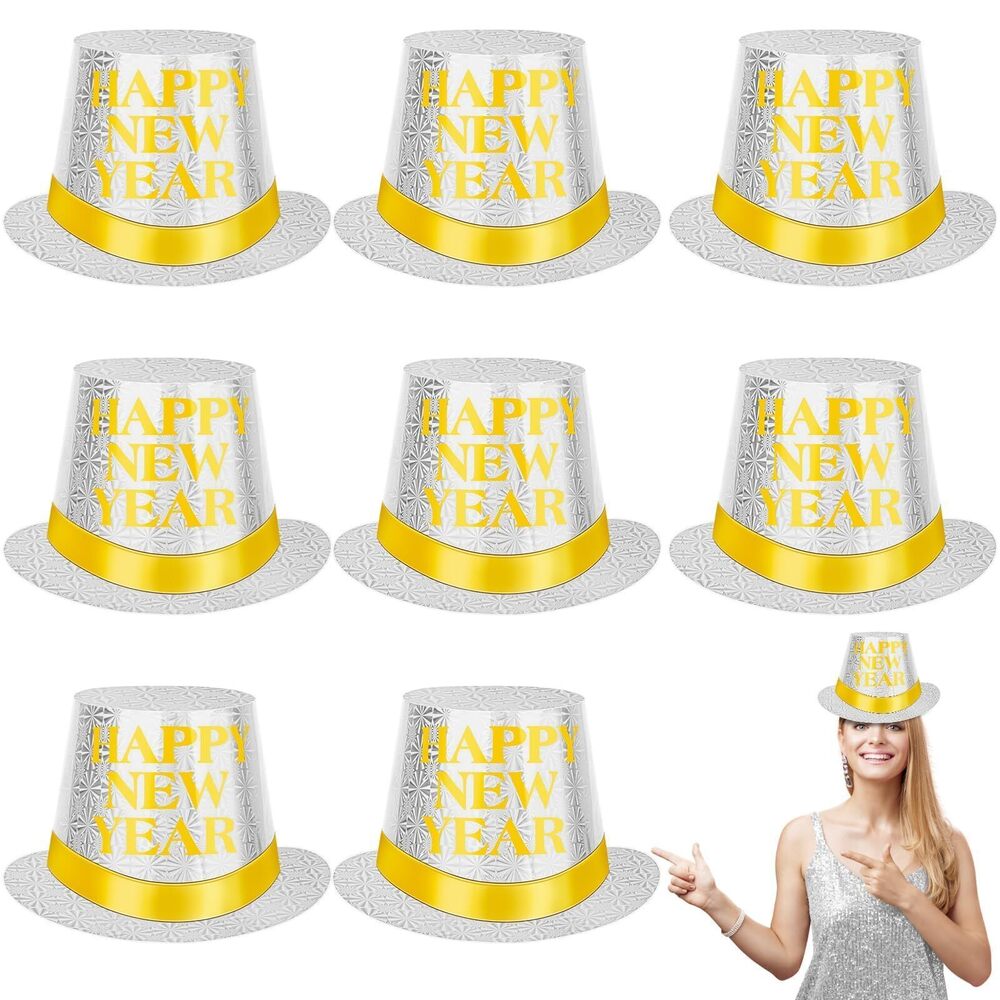 7300 8 Pcs Silver Paper Top Hats - New Years Eve Hats with Gold Glitter